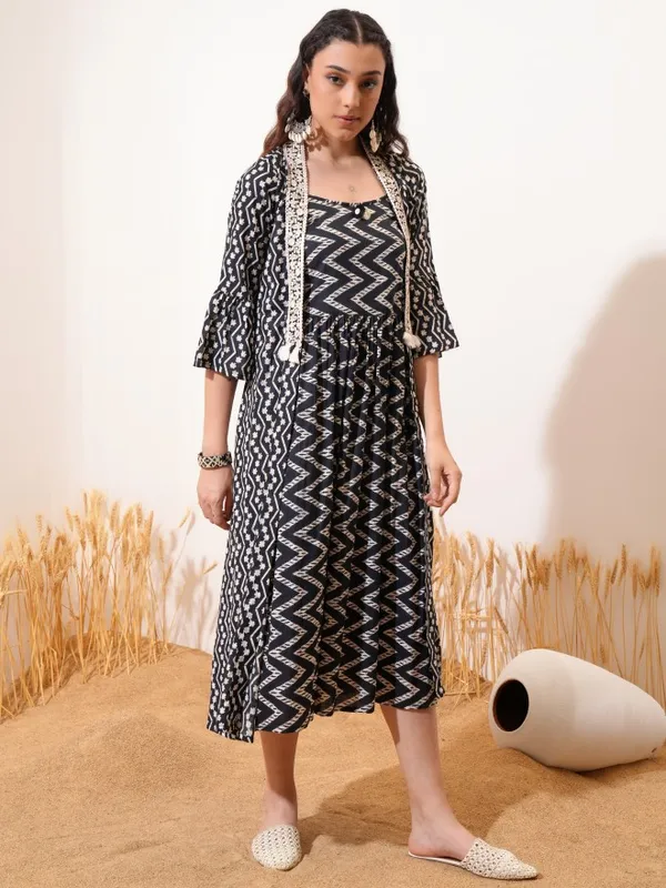 Vishudh Women Black Printed A-Line Dress