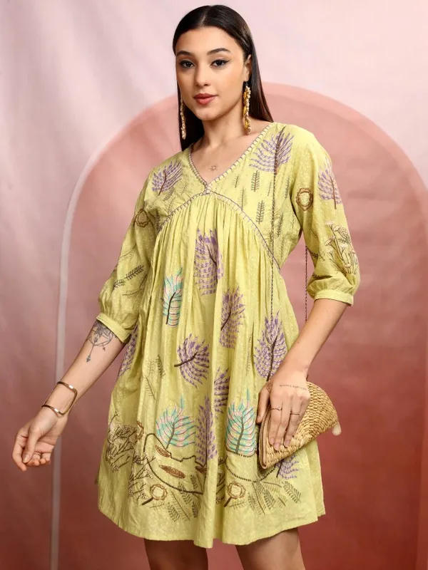 Vishudh women Yellow Embroidered A-Line Dress