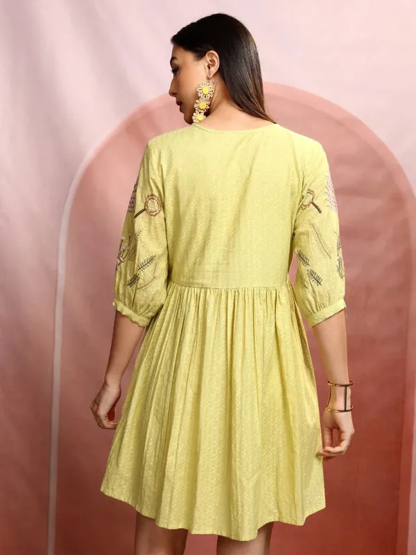 Vishudh women Yellow Embroidered A-Line Dress