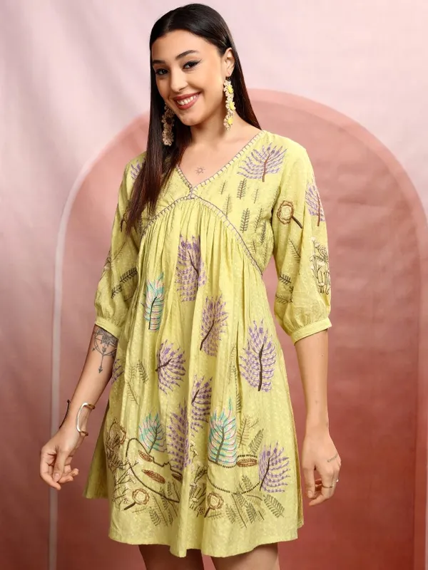 Vishudh women Yellow Embroidered A-Line Dress