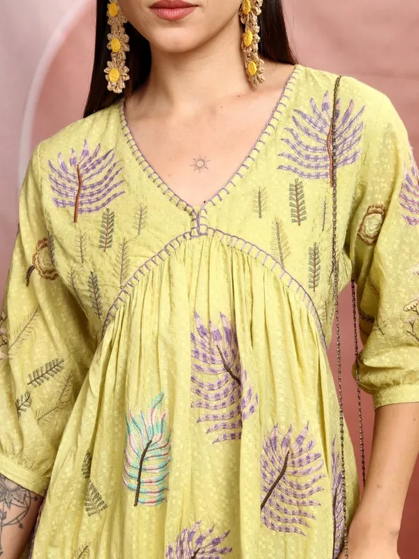 Vishudh women Yellow Embroidered A-Line Dress