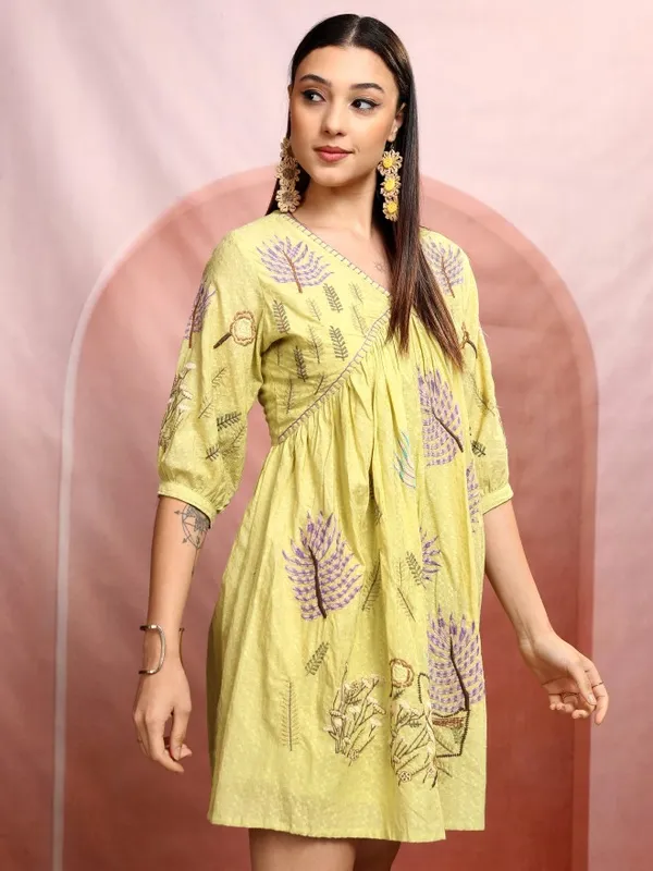 Vishudh women Yellow Embroidered A-Line Dress