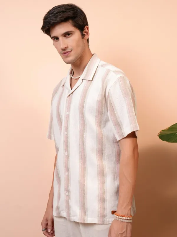  Locomotive Men Pink Striped Regular Fit Casual Shirts