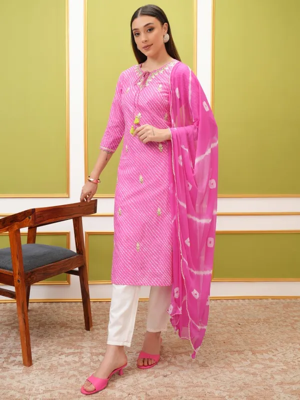 Vishudh Women Pink Embroidered Kurta With Trouser And Dupatta