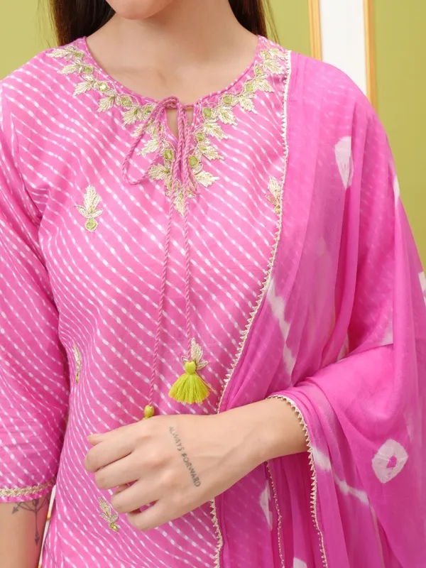 Vishudh Women Pink Embroidered Kurta With Trouser And Dupatta