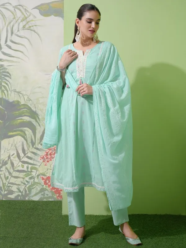 Vishudh Women Green Embroidered Kurta With Trouser And Dupatta