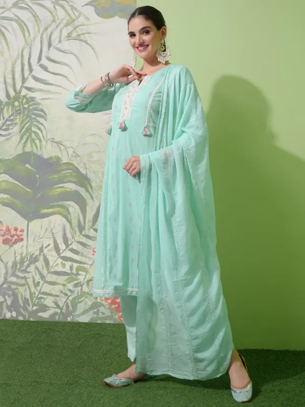 Vishudh Women Green Embroidered Kurta With Trouser And Dupatta