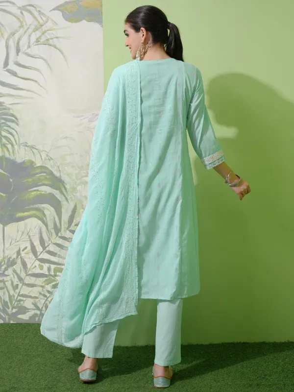 Vishudh Women Green Embroidered Kurta With Trouser And Dupatta