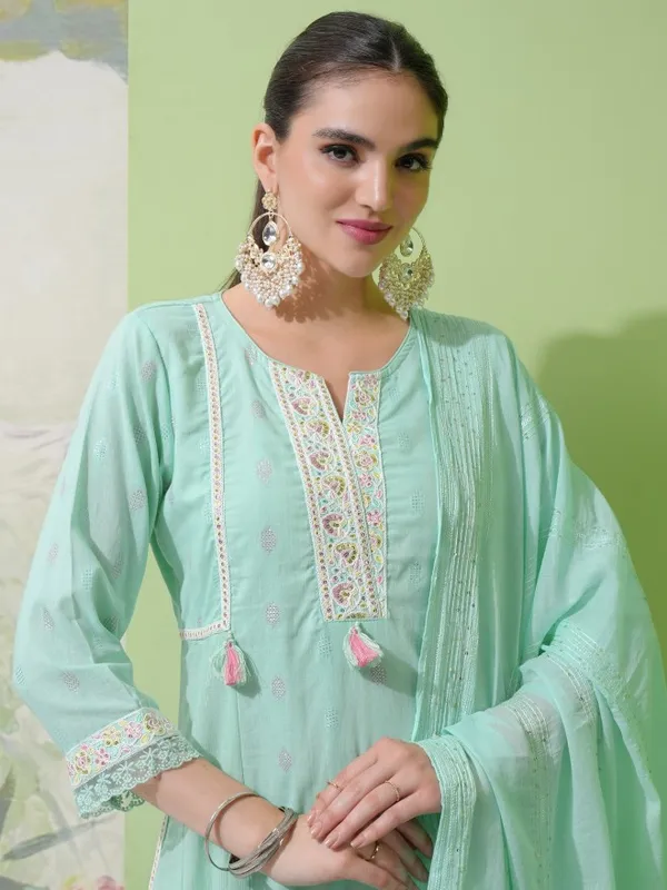 Vishudh Women Green Embroidered Kurta With Trouser And Dupatta