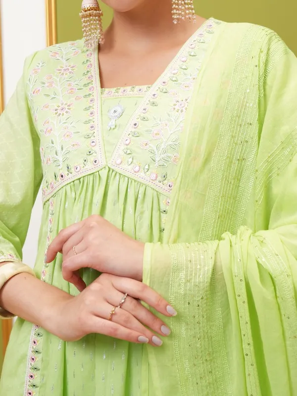 Vishudh Women Green Embroidered Kurta With Trouser And Dupatta