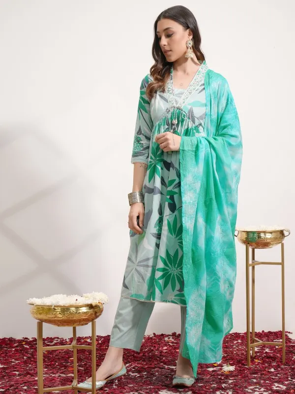 Vishudh Women Green Printed Kurta With Trouser And Dupatta
