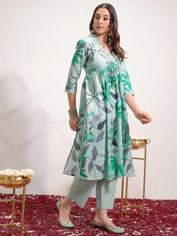 Vishudh Women Green Printed Kurta With Trouser And Dupatta