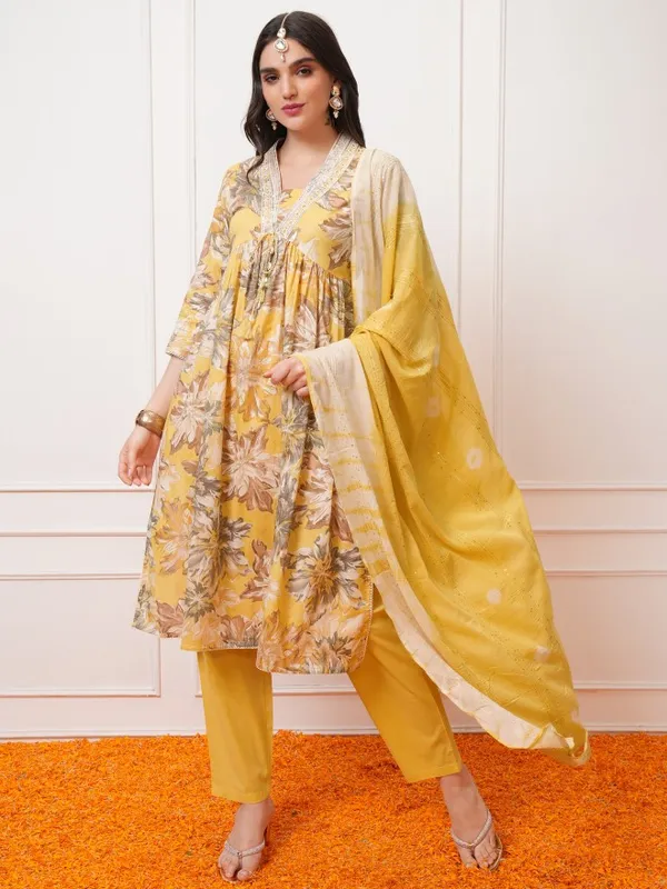 Vishudh Women Yellow Printed Kurta With Trousers And Dupatta