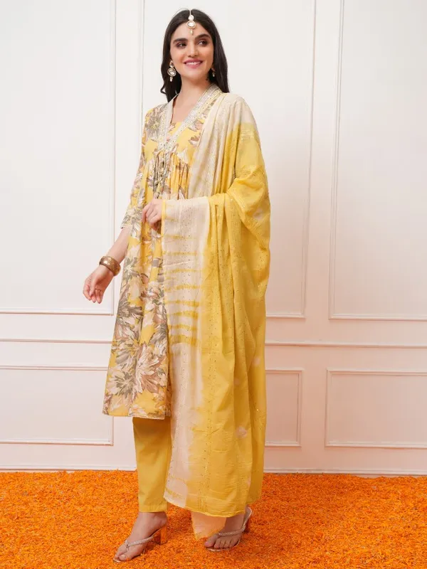 Vishudh Women Yellow Printed Kurta With Trousers And Dupatta