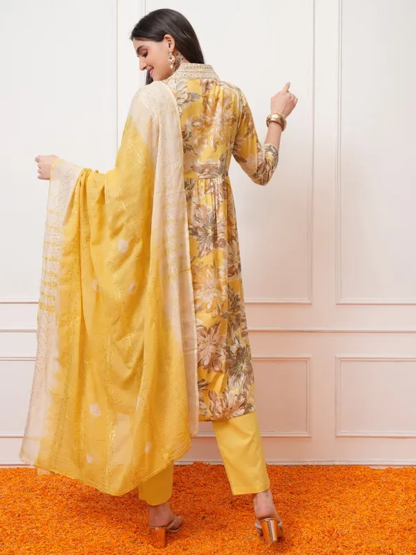 Vishudh Women Yellow Printed Kurta With Trousers And Dupatta