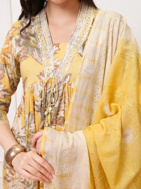 Vishudh Women Yellow Printed Kurta With Trousers And Dupatta