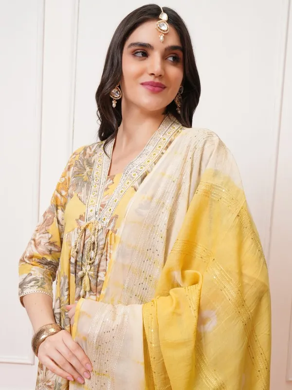 Vishudh Women Yellow Printed Kurta With Trousers And Dupatta