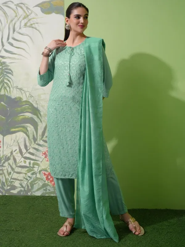 Vishudh Women Green Embroidered Kurta With Trouser And Dupatta