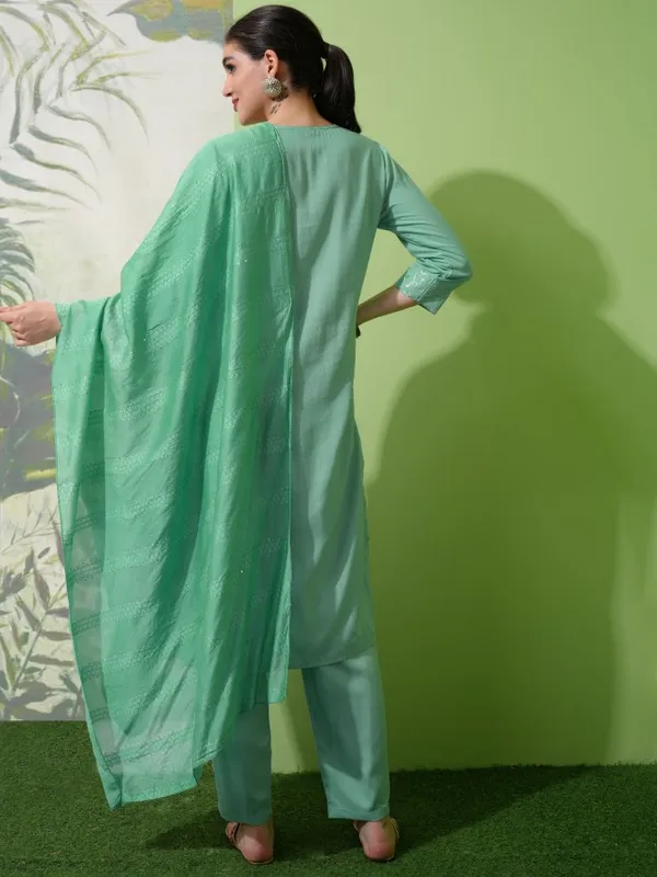 Vishudh Women Green Embroidered Kurta With Trouser And Dupatta