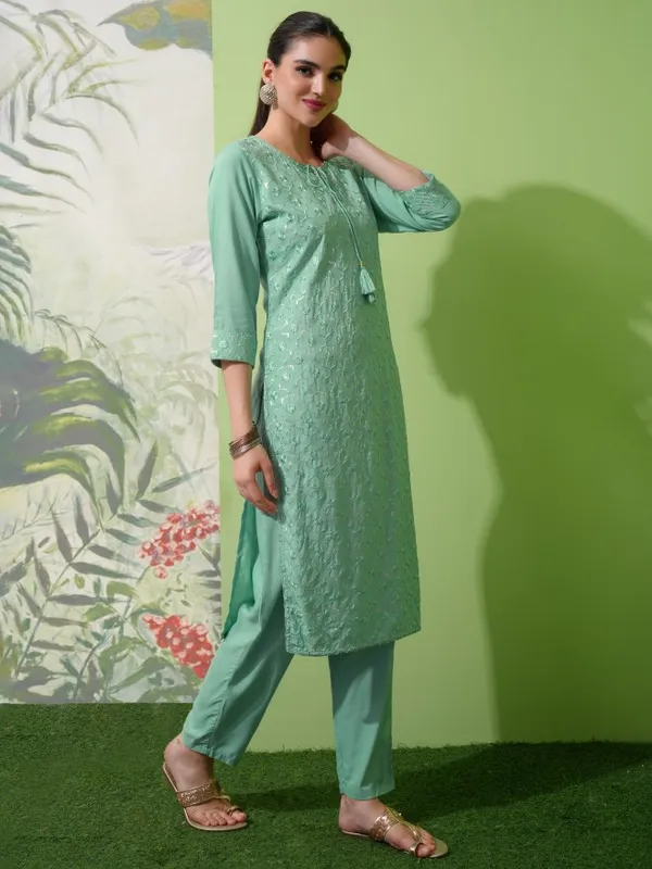 Vishudh Women Green Embroidered Kurta With Trouser And Dupatta