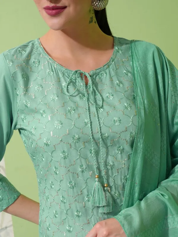 Vishudh Women Green Embroidered Kurta With Trouser And Dupatta