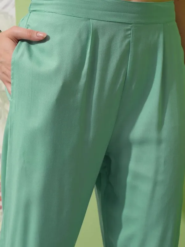 Vishudh Women Green Embroidered Kurta With Trouser And Dupatta