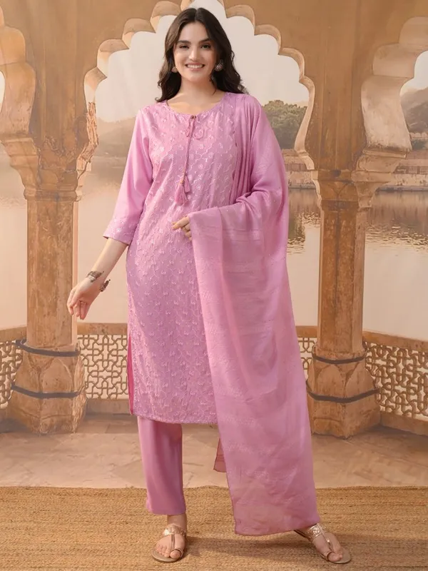 Vishudh Women Pink Embroidered Kurta With Trousers & Dupatta