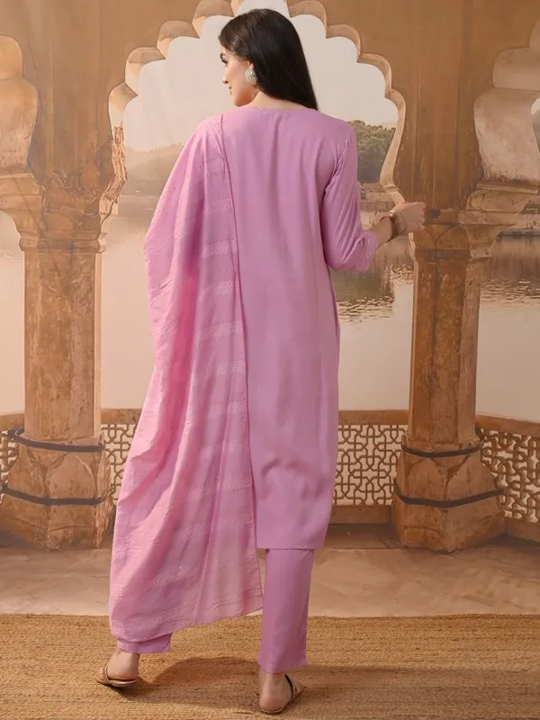 Vishudh Women Pink Embroidered Kurta With Trousers & Dupatta