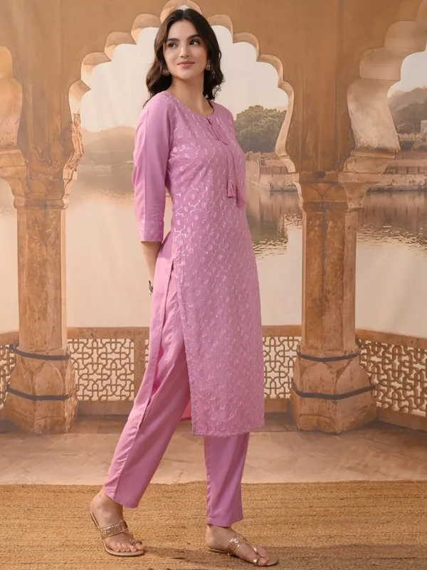 Vishudh Women Pink Embroidered Kurta With Trousers & Dupatta