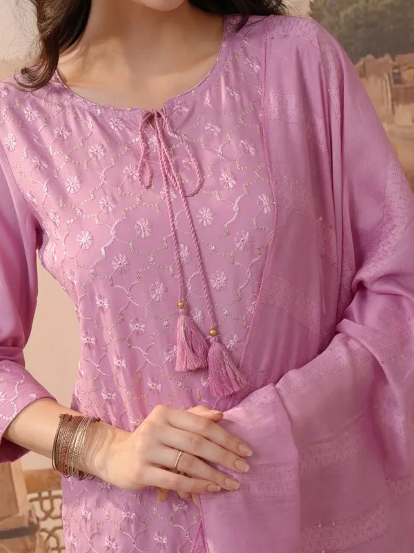 Vishudh Women Pink Embroidered Kurta With Trousers & Dupatta