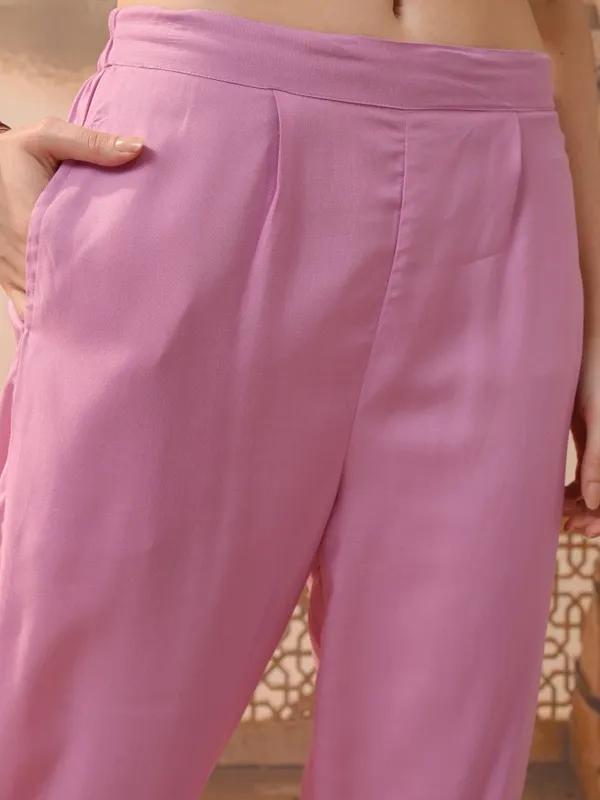 Vishudh Women Pink Embroidered Kurta With Trousers & Dupatta