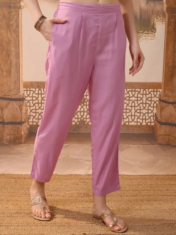 Vishudh Women Pink Embroidered Kurta With Trousers & Dupatta