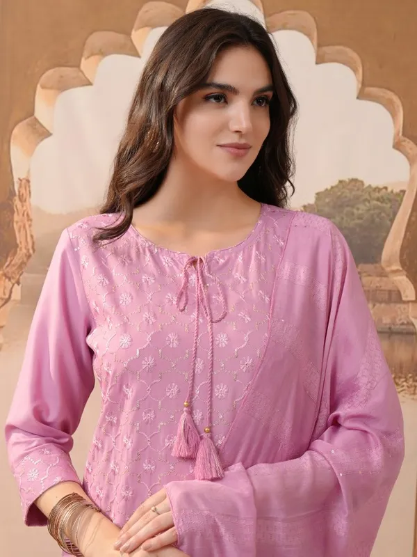 Vishudh Women Pink Embroidered Kurta With Trousers & Dupatta