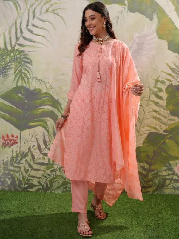 Vishudh Women Peach Embroidered Kurta With Trousers & Dupatta