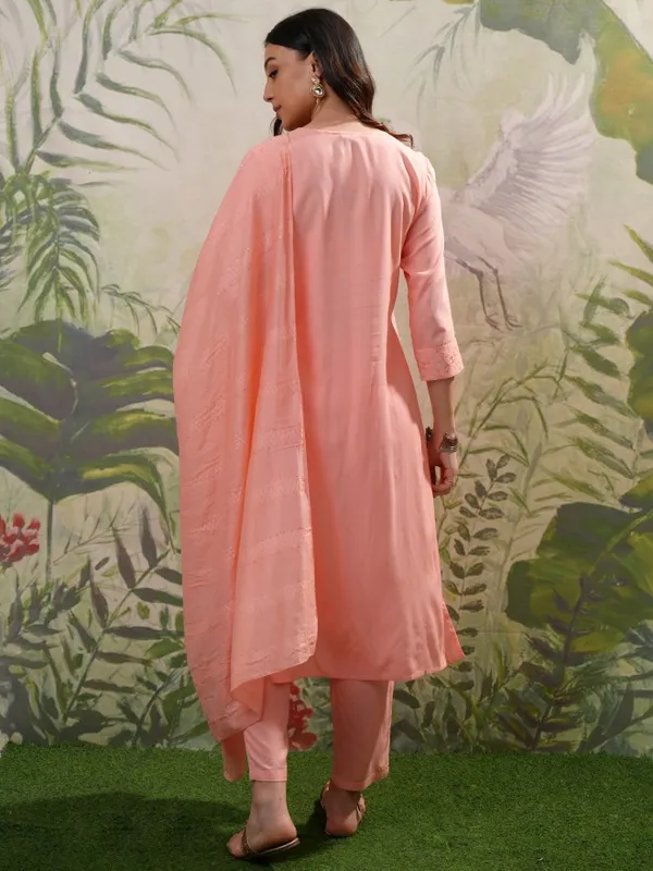 Vishudh Women Peach Embroidered Kurta With Trousers & Dupatta