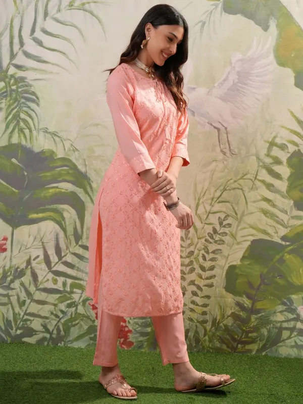 Vishudh Women Peach Embroidered Kurta With Trousers & Dupatta