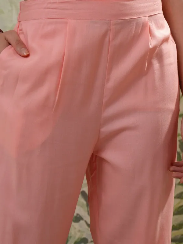 Vishudh Women Peach Embroidered Kurta With Trousers & Dupatta