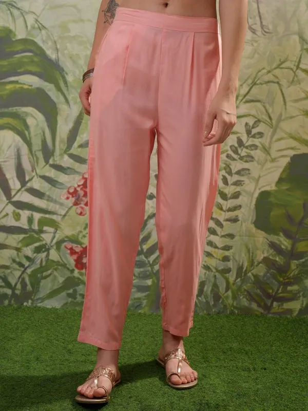 Vishudh Women Peach Embroidered Kurta With Trousers & Dupatta
