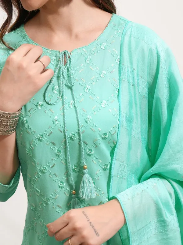  Vishudh Women Green Embroidered Kurta Sets