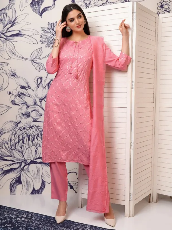Vishudh Women Pink Printed Kurta With Trousers And Dupatta