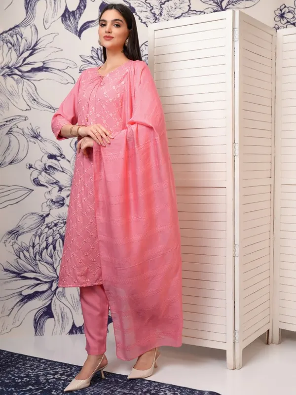 Vishudh Women Pink Printed Kurta With Trousers And Dupatta