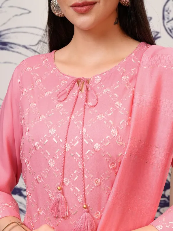 Vishudh Women Pink Printed Kurta With Trousers And Dupatta