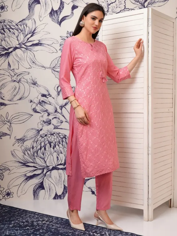 Vishudh Women Pink Printed Kurta With Trousers And Dupatta