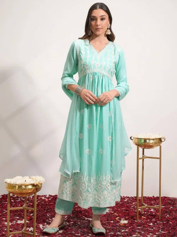 Vishudh Women Blue Embroidered Kurta With Trouser And Dupatta