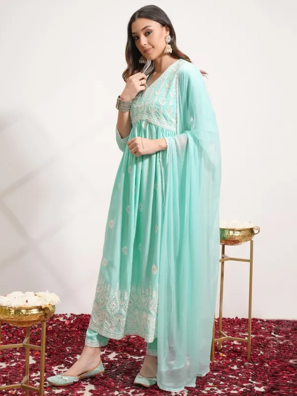 Vishudh Women Blue Embroidered Kurta With Trouser And Dupatta