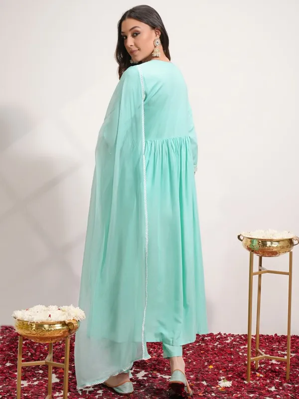 Vishudh Women Blue Embroidered Kurta With Trouser And Dupatta