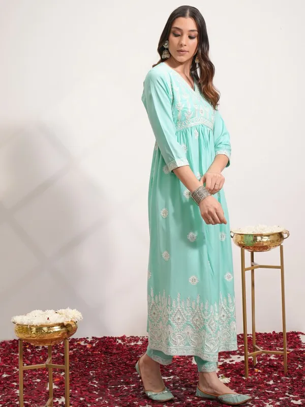 Vishudh Women Blue Embroidered Kurta With Trouser And Dupatta