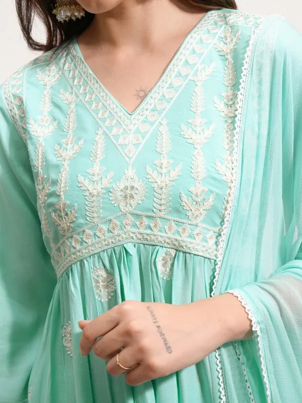 Vishudh Women Blue Embroidered Kurta With Trouser And Dupatta