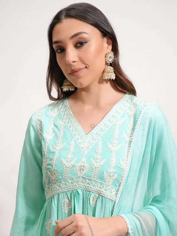 Vishudh Women Blue Embroidered Kurta With Trouser And Dupatta