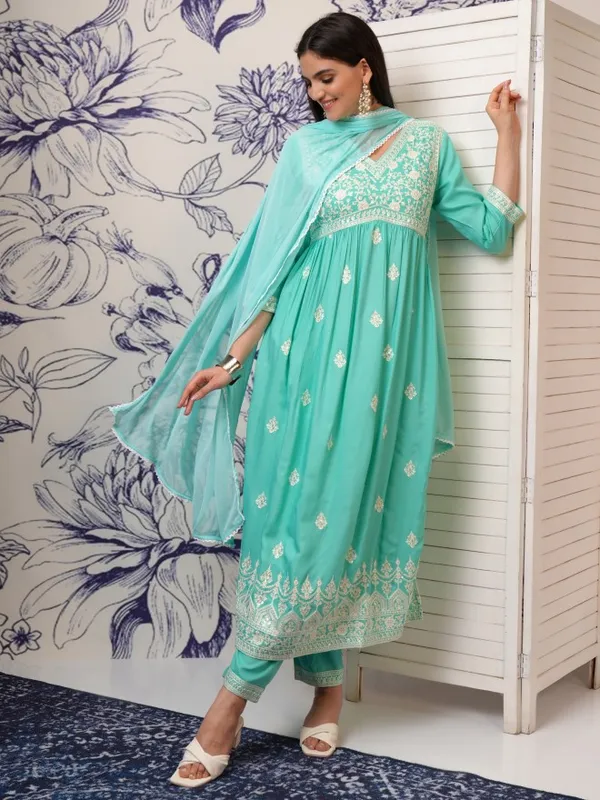 Vishudh Women Blue Embroidered Kurta With Trouser And Dupatta